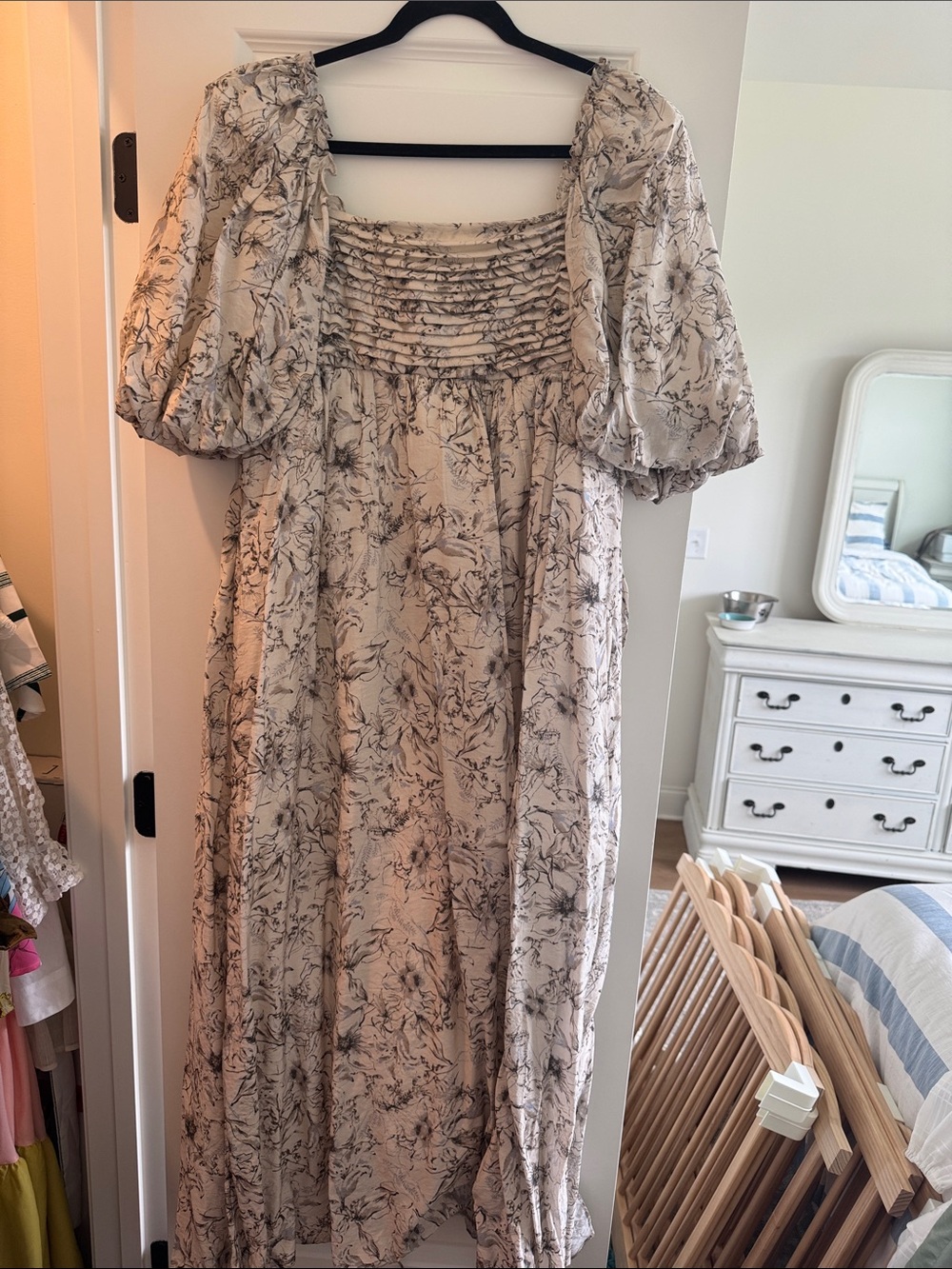Floral Square-Neck Maxi Dress in Cream and Black